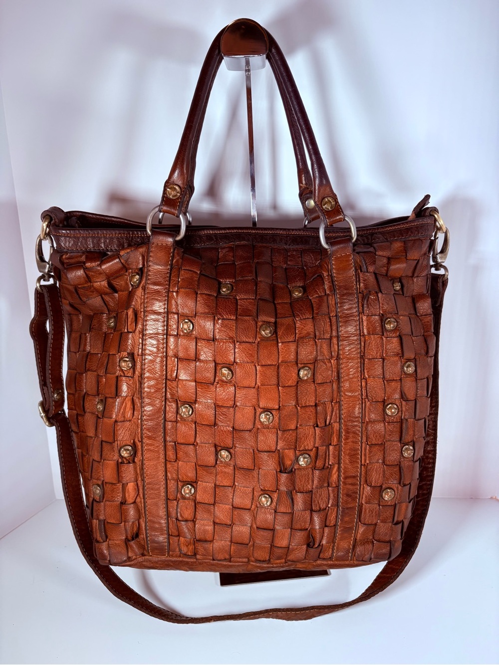 Civics 93 Italian Woven Leather Tote Bag in Chestnut Brown with Brass Studs